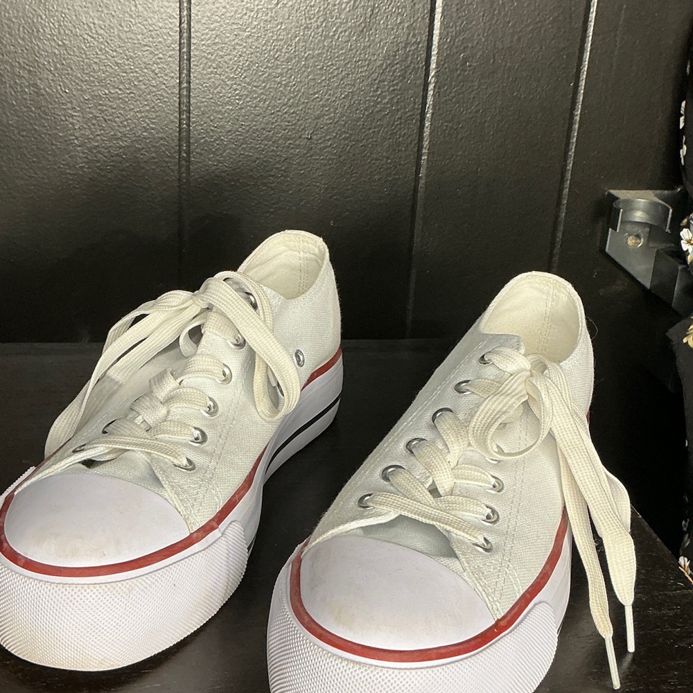 White Canvas Sneakers with Red Trim
